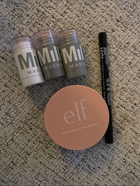 Milk Makeup Mini Sticks with Peach ELF Setting Powder and NYX Eyeliner